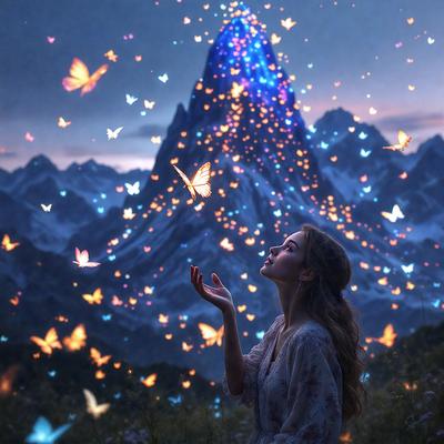 The primary subject of the image is a woman with long hair, who is standing in a field and reaching up to the sky. She is surrounded by a large number of butterflies, which are flying around her and creating a vibrant and lively atmosphere. The setting appears to be a mountainous area, with a mountain visible in the background. The visual style of the image is a combination of photo and digital art, creating a surreal and dreamy mood. The colors are predominantly shades of blue, pur